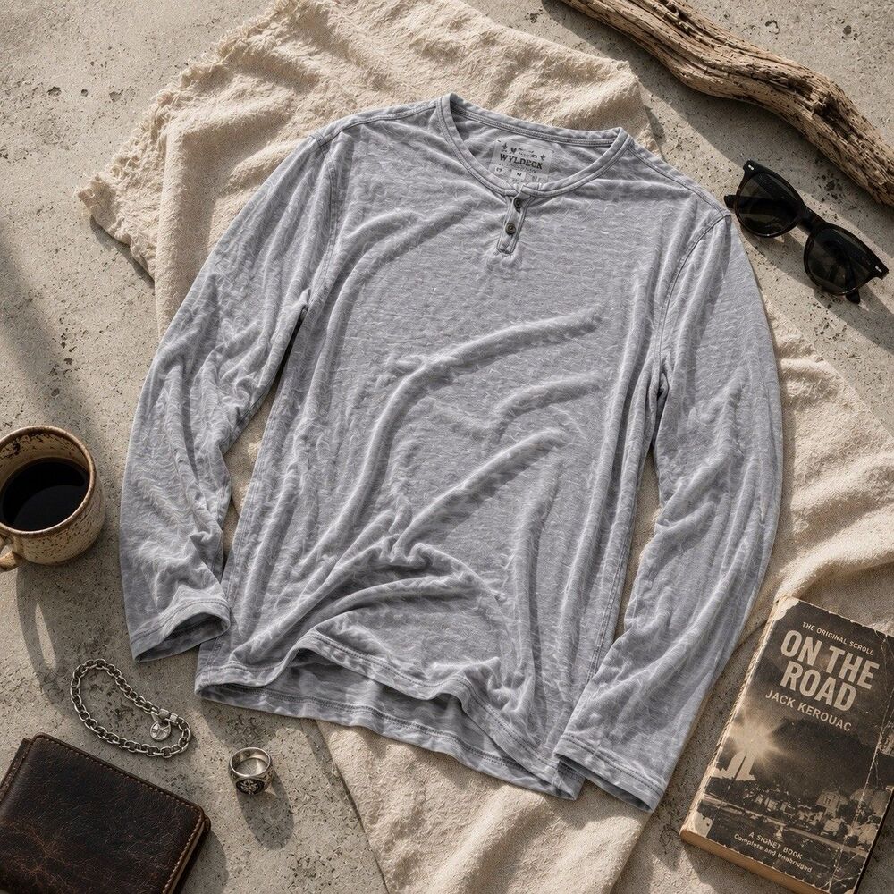 Lucky Brand Venice Burnout Gray Semi Sheer Shirt Boho Coastal Mens Large